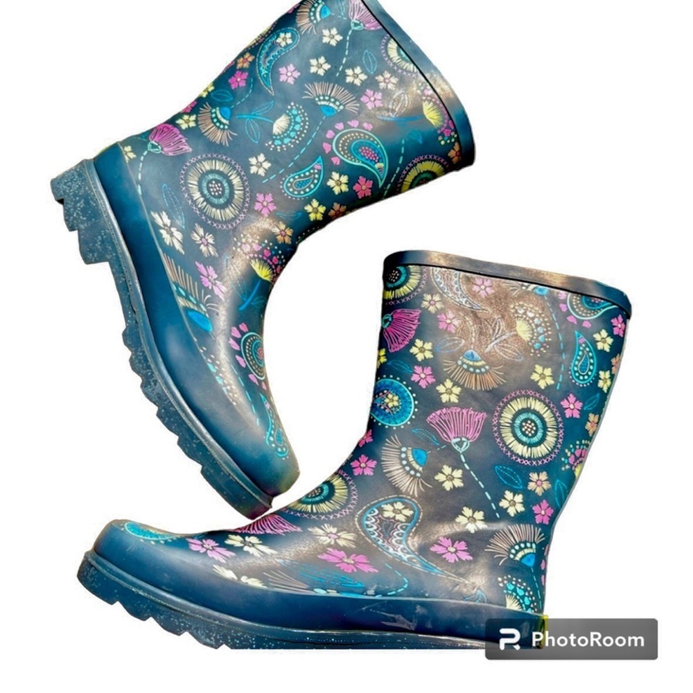 WESTERN Chief Rubber Mud Barn Rubber Boots Size 7 “Fantastic Paisley Mid-Navy”